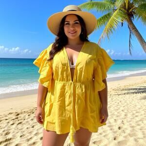 Women Curve 1XL Bright Yellow LacyTrim PomPom Swim Cover Dress Bohemian Romantic